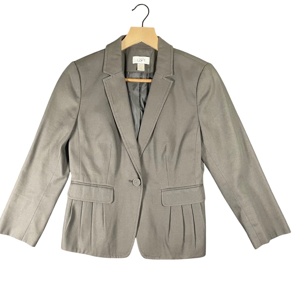LOFT Ann Taylor Womens Blazer Jacket Size 0 Gray Pleated One Button Business